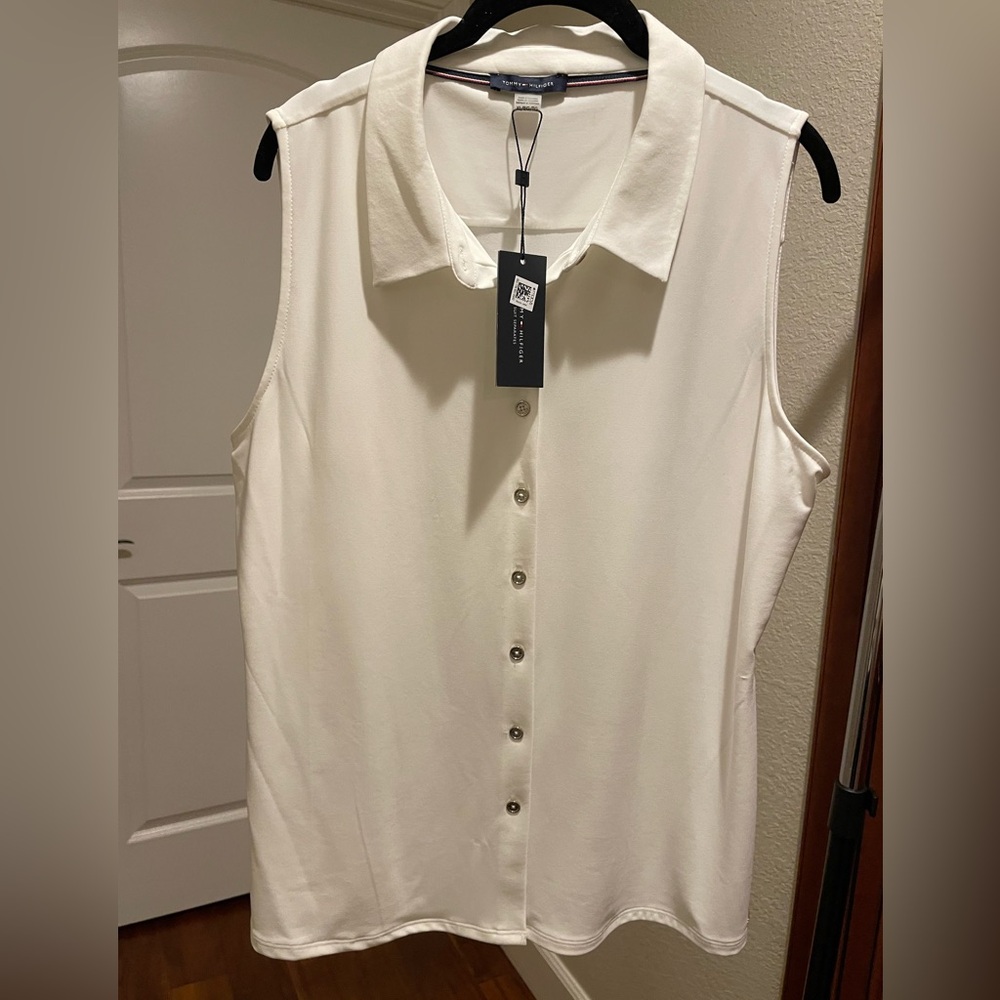 New with tags Tommy Hilfiger polyester button down white top XL
